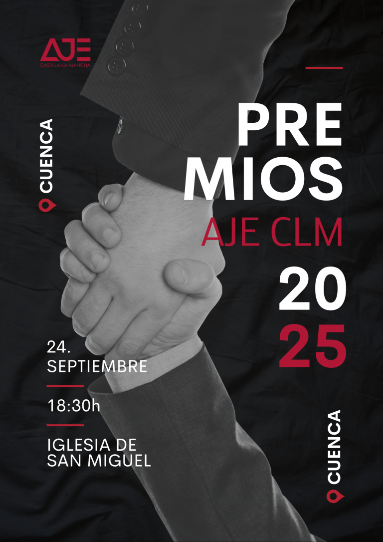 Cartel de los Premios AJE CLM 2025 con dos manos estrechándose, el evento en Cuenca el 24 de septiembre a las 18:30h en la Iglesia de San Miguel.
