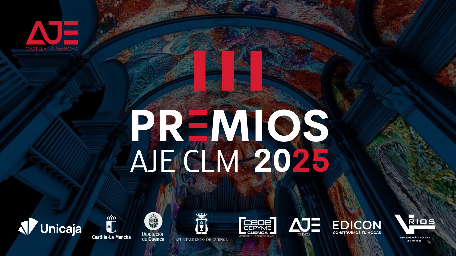 Diseño gráfico oficial de los III Premios AJE Castilla-La Mancha 2025, con tipografía moderna sobre un fondo de arquitectura iluminada con colores vivos.”