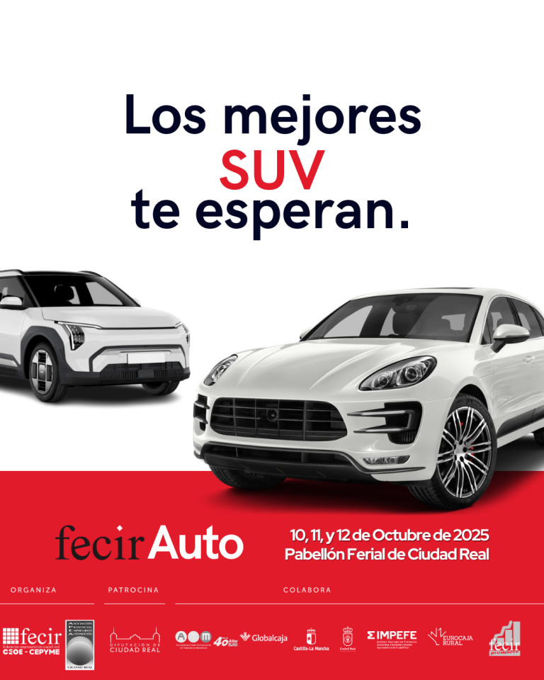 Cartel de FecirAuto 2025 con dos SUV en primer plano y la frase Los mejores SUV te esperan, evento en el Pabellón Ferial de Ciudad Real.