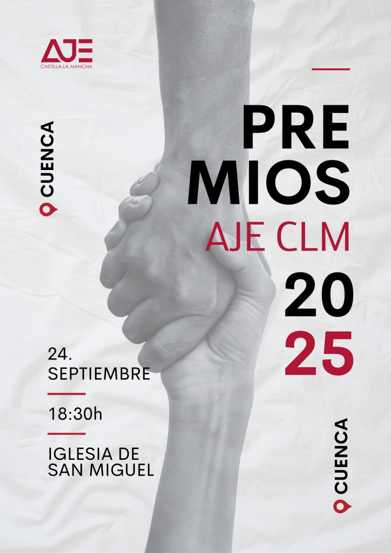 Cartel de los Premios AJE CLM 2025 con dos manos entrelazadas en diseño blanco y negro, evento en Cuenca el 24 de septiembre a las 18:30h en la Iglesia de San Miguel.