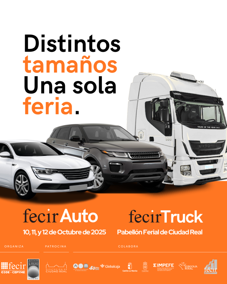 Cartel de FecirAuto y FecirTruck 2025 con coches y un camión, y el lema Distintos tamaños, una sola feria, en el Pabellón Ferial de Ciudad Real.